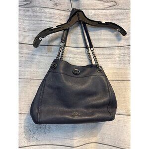 Coach Turnlock Edie Shoulder Bag Purse Dark blue pebbled Leather